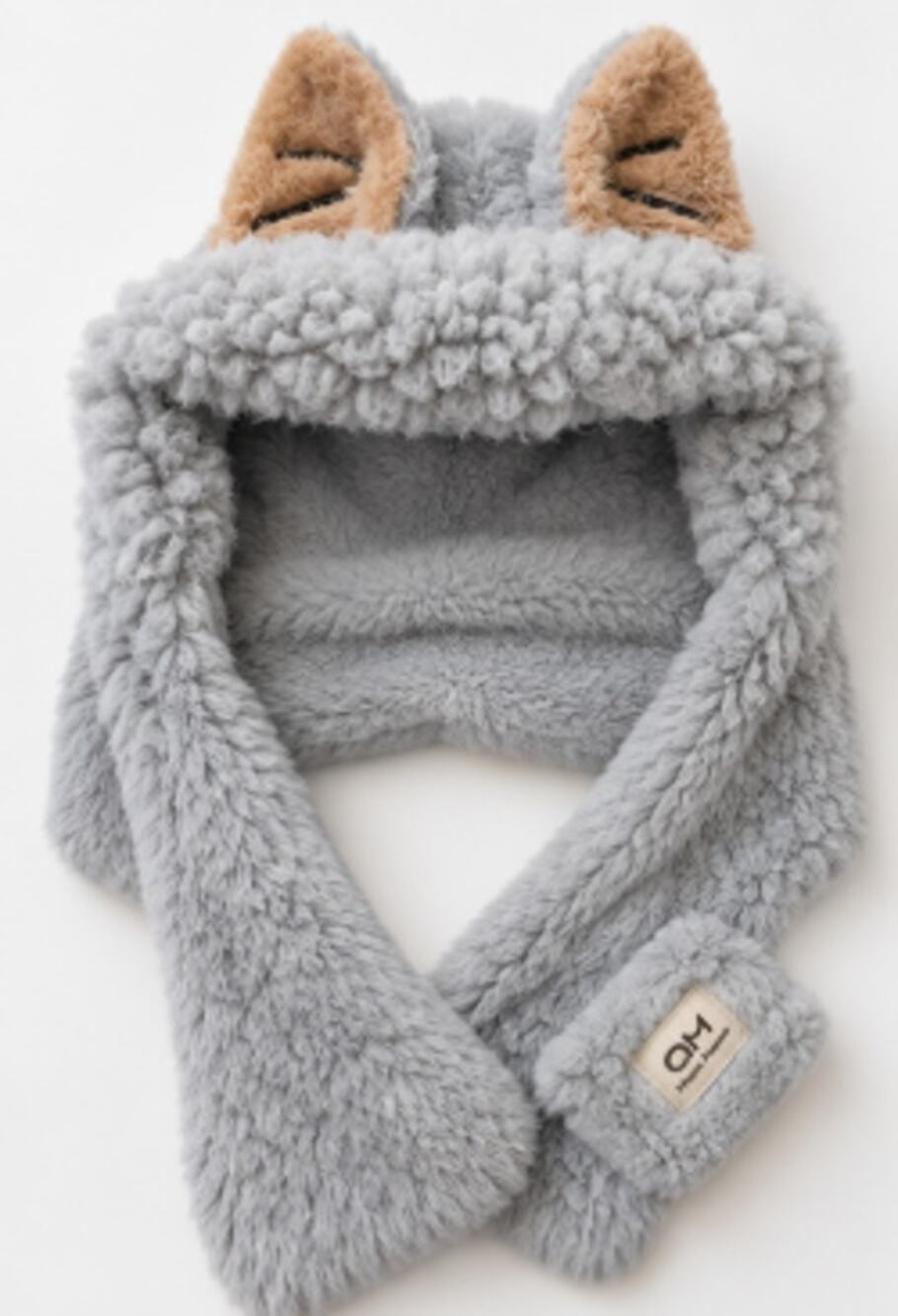Mona Momo Gray Faux Fur Fox Ear Hat Scarf Hood Plush Winter Cozy